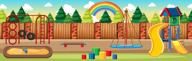 Free vector kids playground in the park with rainbow in the sky at daytime cartoon style panorama scene