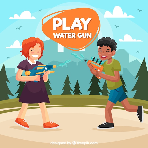 Free Vector kids playing in the park with plastic water guns