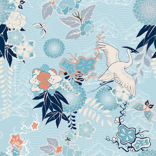 Kimono background with crane and flowers