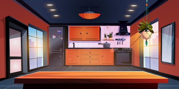 Free vector kitchen interior in modern urban apartment vector cartoon illustration of spacious dining room with orange furniture and black household appliances wooden table morning cityscape view in window