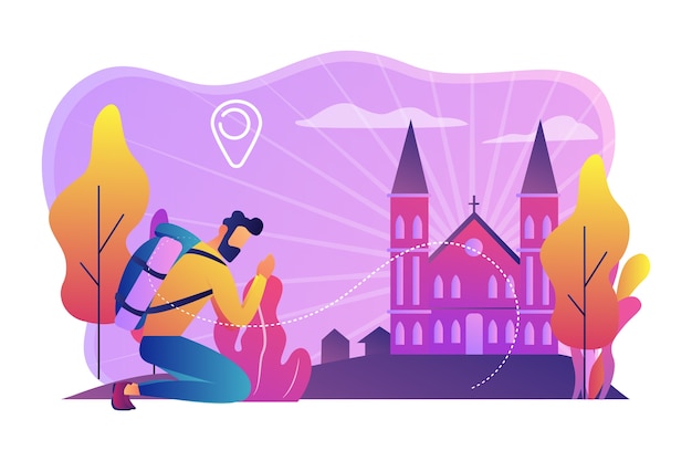 Free Vector kneeling pilgrim reached famous christian cathedral and praying. christian pilgrimages, go on pilgrimage, visit the saint places concept.  