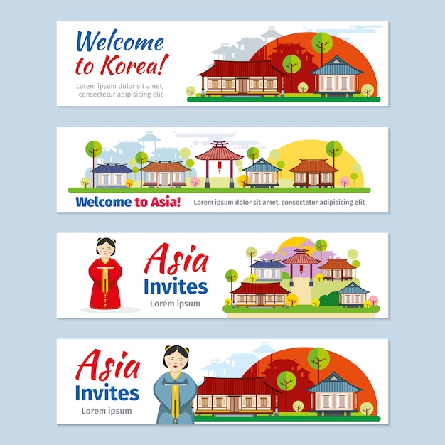 Free Vector korea, japan, thailand travel vector banners template set.