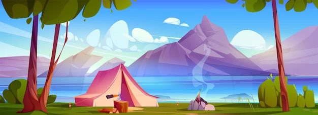 Free Vector lake and mountain near forest vector landscape illustration camp tent and bonfire near river water in morning cartoon adventure wilderness alpine panorama northern switzerland game environment