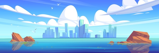 Free vector lake or river and city buildings on skyline