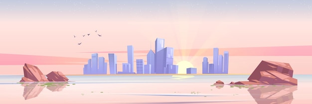 Lake or river with stones in water, city buildings and sun on horizon at sunrise. Vector cartoon illustration of dawn, sea landscape with skyscrapers on skyline and flying birds in morning