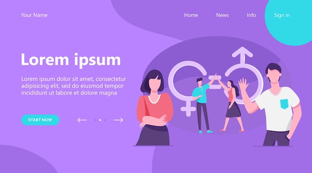 Landing page, Man and woman giving high five. Male and female characters with gender symbols and equal marks. Vector illustration for equality, discrimination, diversity concept