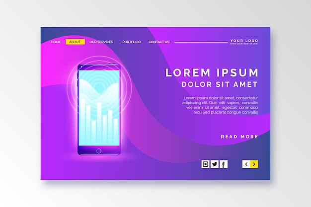 Free vector landing page neon with smartphone