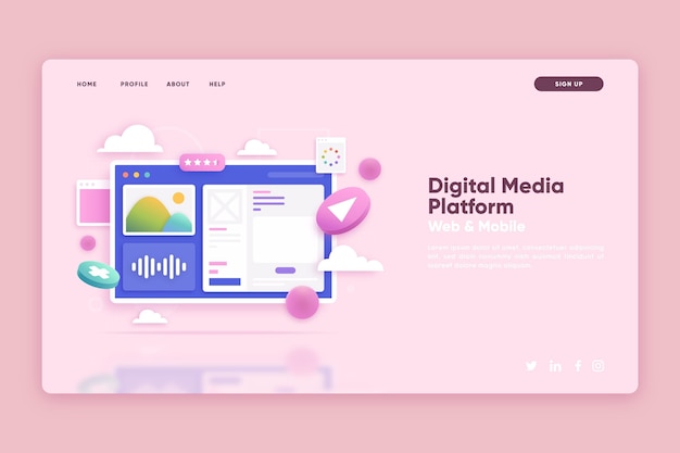 Free vector landing page template with digital media platform