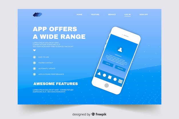 Free vector landing page with smartphone on gradient blue shades