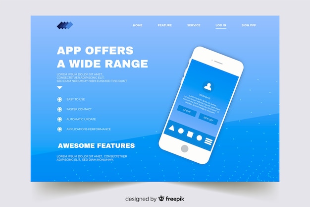 Free Vector landing page with smartphone on gradient blue shades