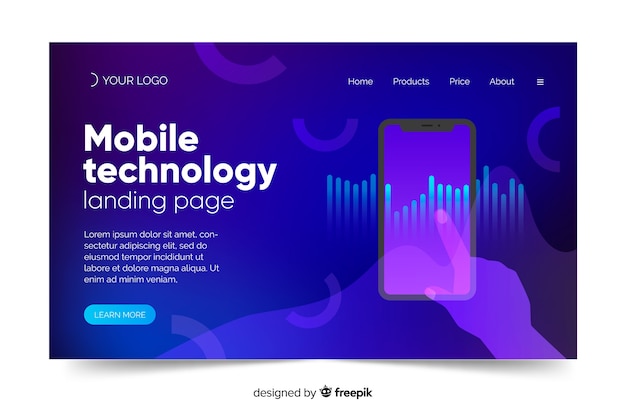 Free vector landing page with smartphone template concept