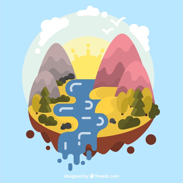 Free Vector landscape background of mountains and river in flat design