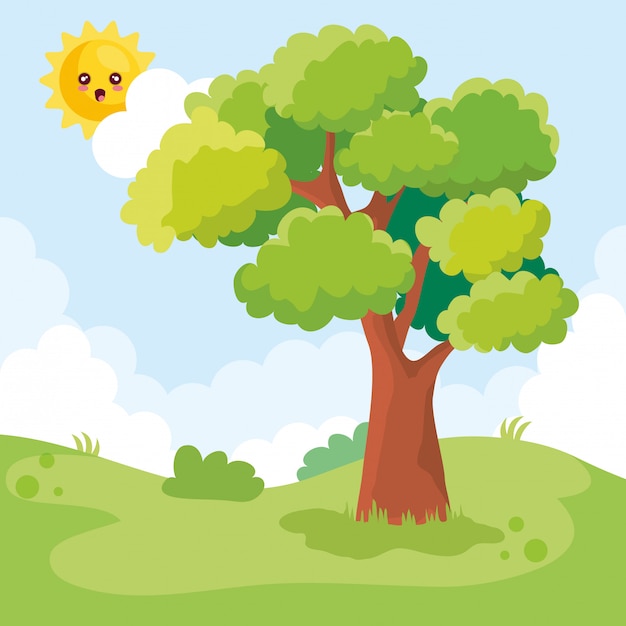 Free Vector landscape scene with tree and sun character