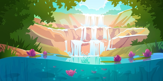 Free vector landscape with cascade waterfall in forest