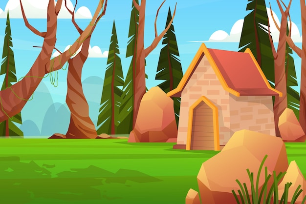 Free Vector landscape with house in spring scene of natural park or forest in countryside, vector illustration