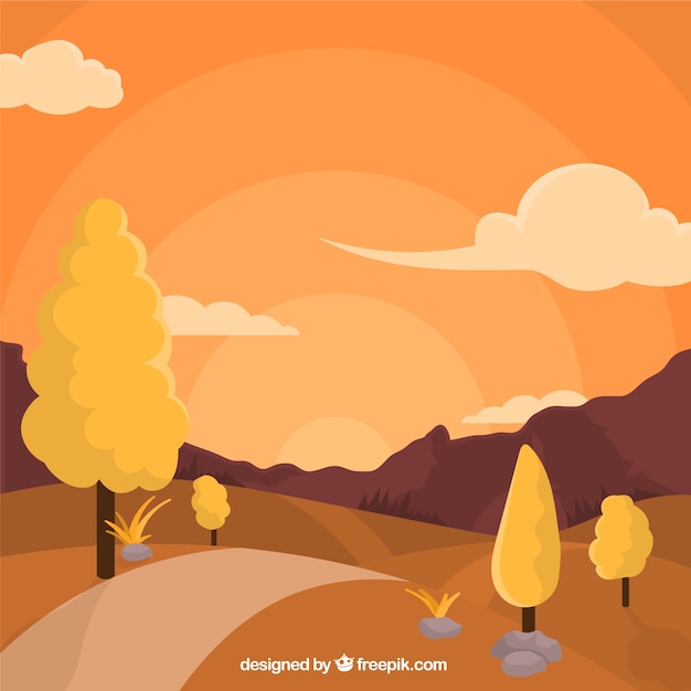 Free Vector landscape with pathway and trees at sunset