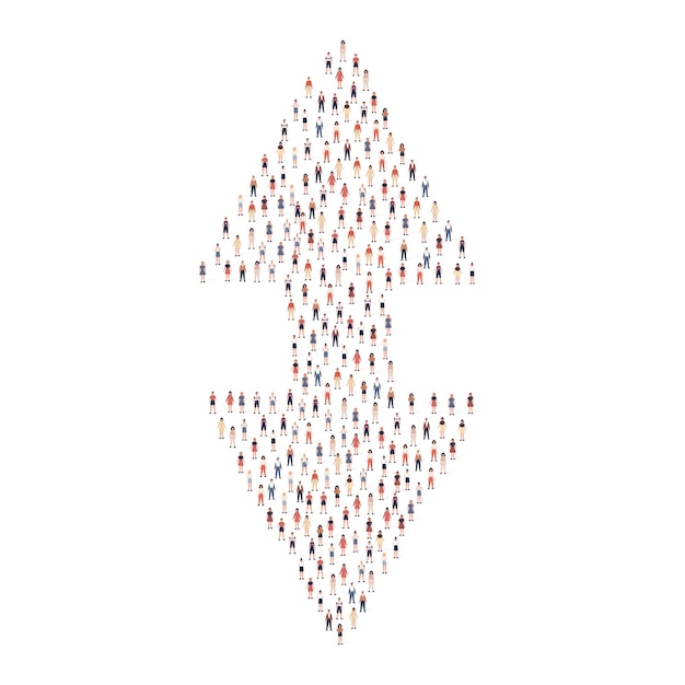 Large group of people silhouette crowded together in arrow direction shape isolated Vector