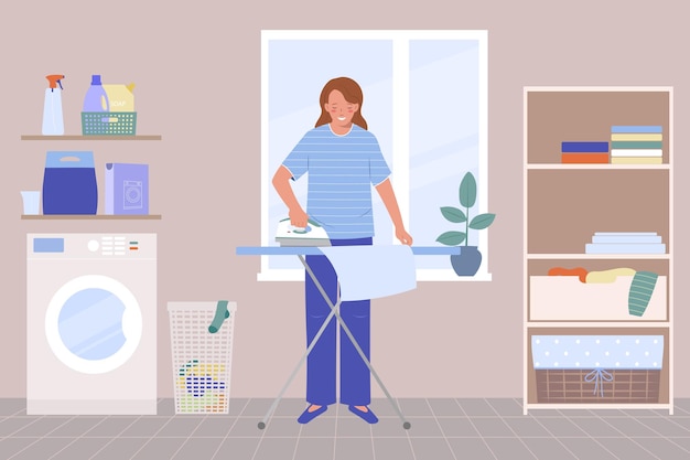 Free Vector laundry room interior with washing machine rack with clean towels detergents and ironing woman vector illustration