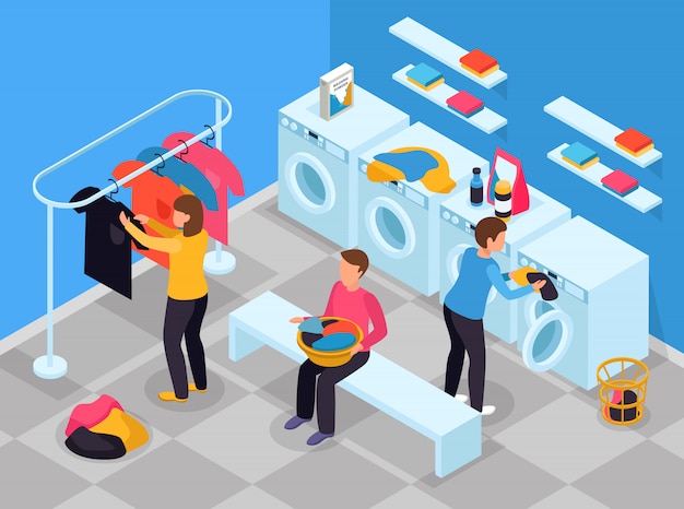 Free Vector laundry room isometric composition with indoor view of laundry room with washing machines detergents and people