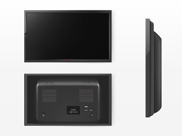 Free vector lcd screen, mock up of plasma television. front, back and side view of modern video system.