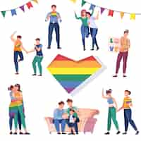 Vettore gratuito set di icone piatte lgbt di personaggi di persone e immagine del cuore arcobaleno nell'illustrazione vettoriale centrale isolata