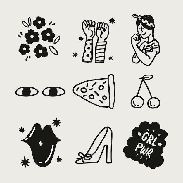 Free vector line art woman empowerment sticker vector pack in minimal black and white