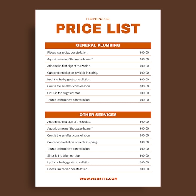 Linear flat plumbing co. price list