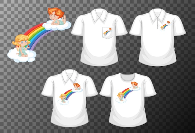 Free Vector little angle cartoon character with set of different shirts isolated on transparent