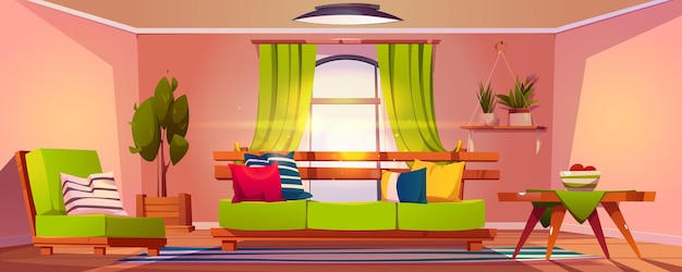 Living room interior filled with sun light with green furniture sofa and armchair with pillows large window with curtains and various plants in pots Cartoon vector cozy empty home inside