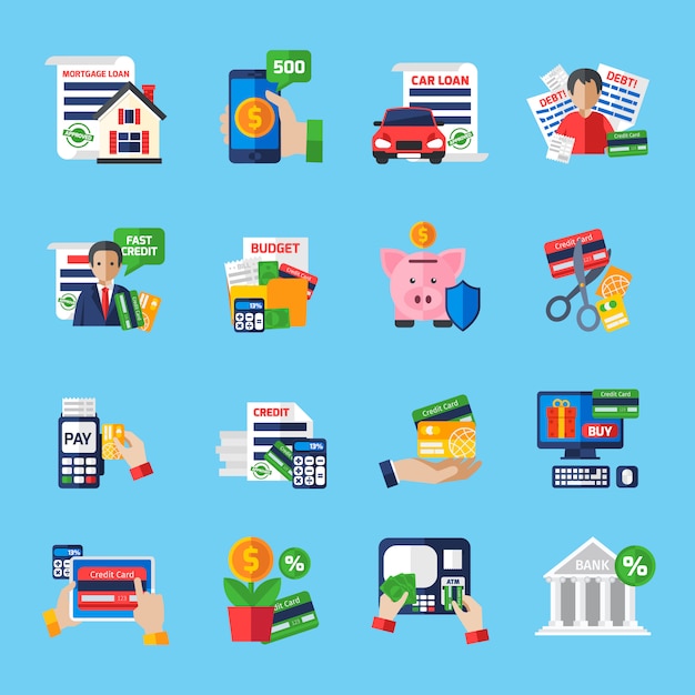 Free Vector loan debt flat color icons set 