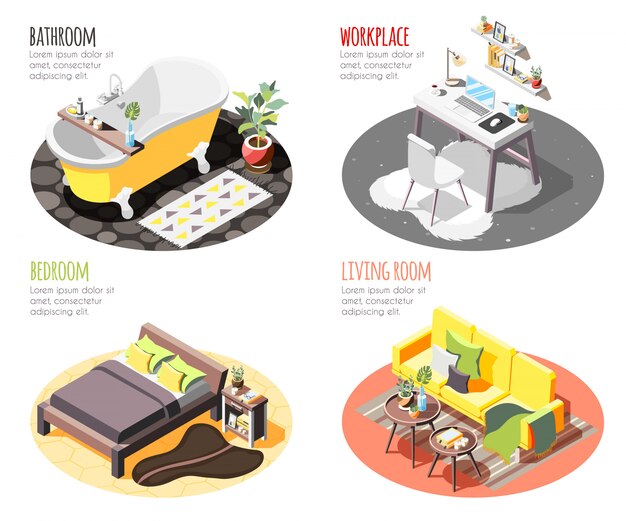 Loft interior isometric 4x1 set of compositions with images of domestic spots with furniture and text