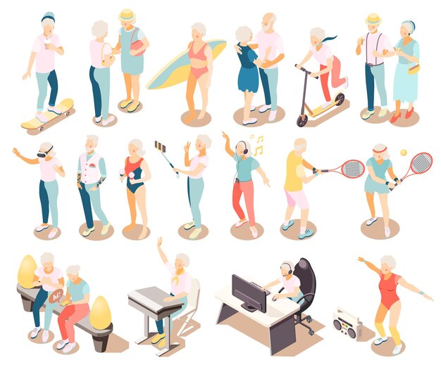 Longevity isometric icons set of modern elderly people meeting for communication dancing riding on skate playing sport games isolated vector illustration