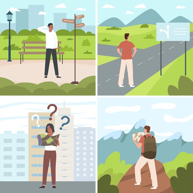 Free vector lost people searching wright way flat scenes isolated posters vector illustration