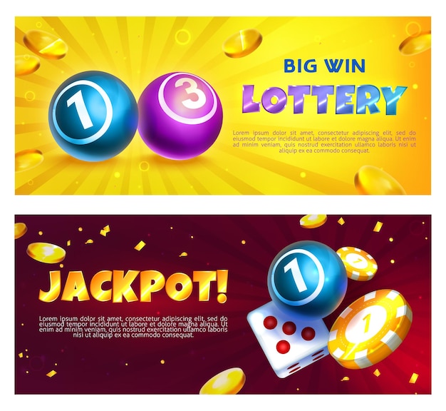 Lottery banners with realistic balls with lucky winning combination numbers. Gambling games poster with gold casino chips, dice game, coins and round shiny spheres. Raffle or jackpot concept.