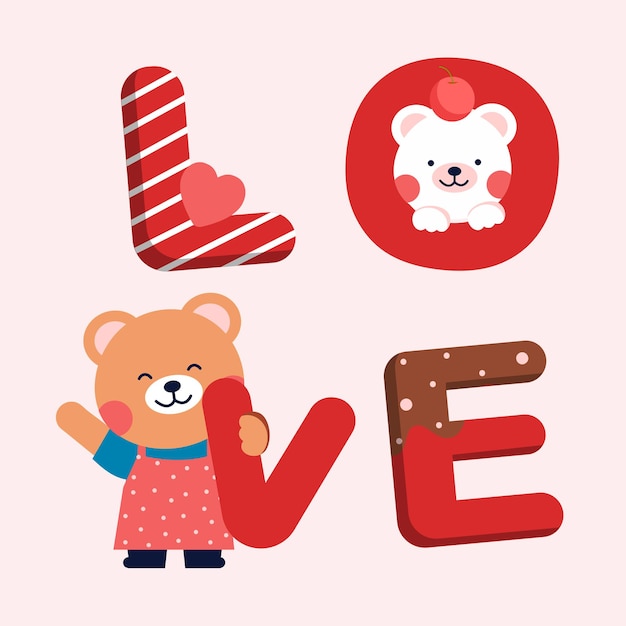 Free vector love word with cute bears