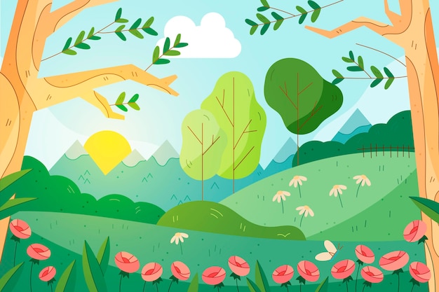 Free vector lovely drawn spring landscape background