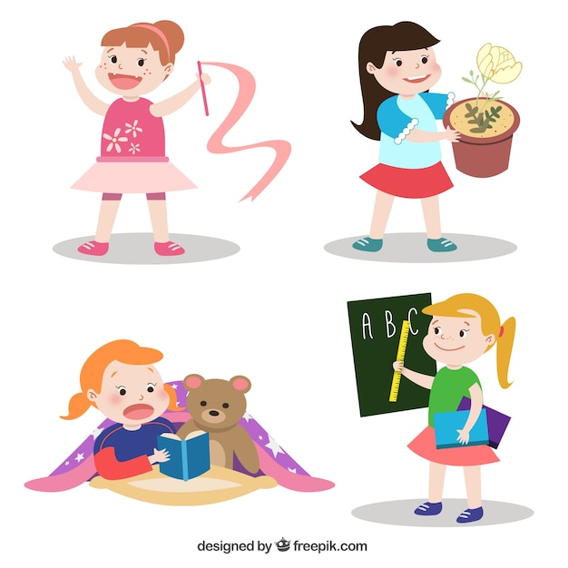 Free Vector lovely little girls doing different activities