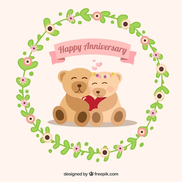 Free vector lovely teddy with floral wreath for anniversary