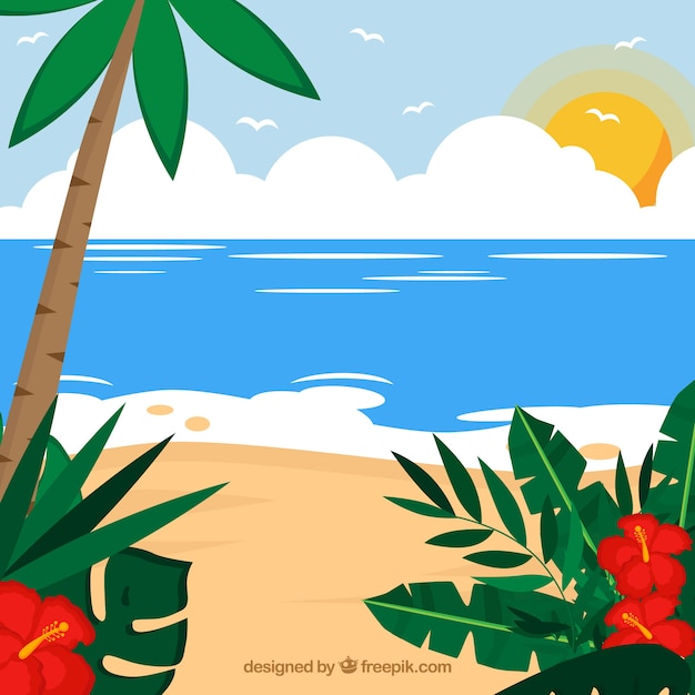 Free Vector lovely tropical beach with flat design