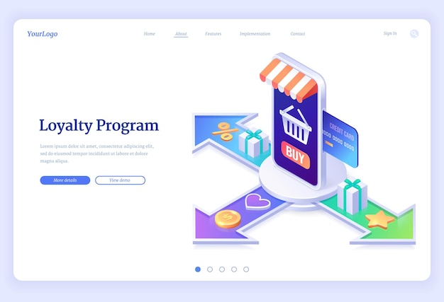 Free vector loyalty program isometric landing page service application for online shopping .