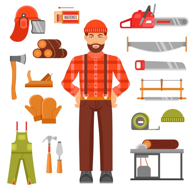 Lumberjack Decorative Flat Icons Set 