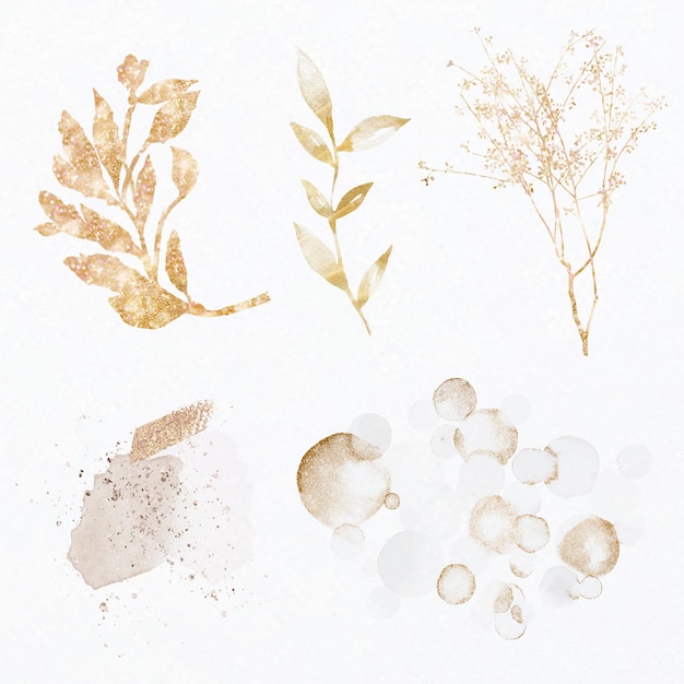 Free Vector luxury gold leaf glittery botanical set