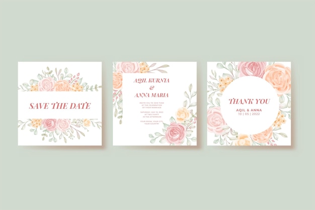 Free Vector luxury wedding invitation set rose peach flower template