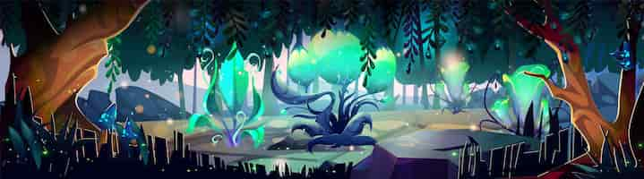 Free vector magic forest with fantasy glowing plants