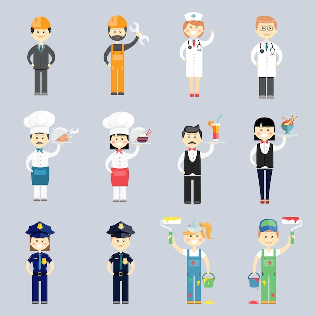 Free vector male and female professional character vector set with doctor and nurse  cook and chef  waiter and waitress  police sergeants  interior decorators and construction workers