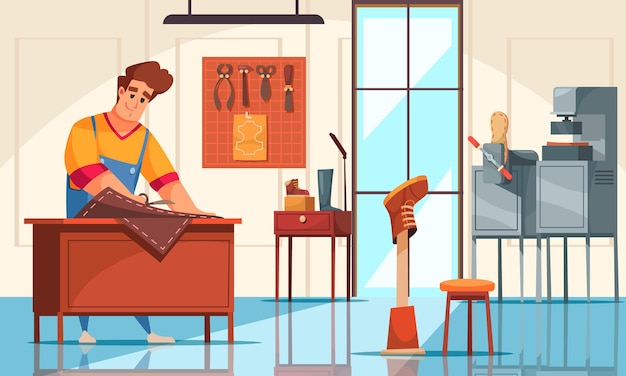 Free Vector male shoemaker cutting leather with scissors at modern shoe repair shop cartoon illustration