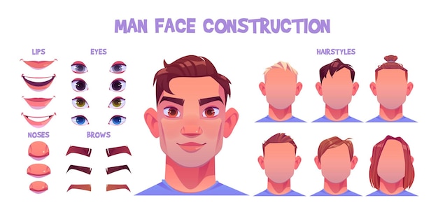 Man face constructor, avatar of caucasian male character creation heads, hairstyle, nose, eyes with eyebrows and lips.