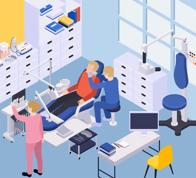 Man getting dental treatment while nurse looking at teeth xray photo in modern clinic office 3d isometric illustration