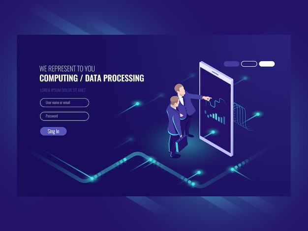 Man look graphic chart, business analytics concept, big data processing icon