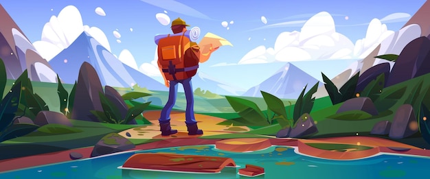 Man travel near lake and mountain illustration